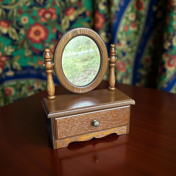 Wooden Vanity Oval Mirror With Jewelry Drawer 12" Tall - Picture 1 of 9